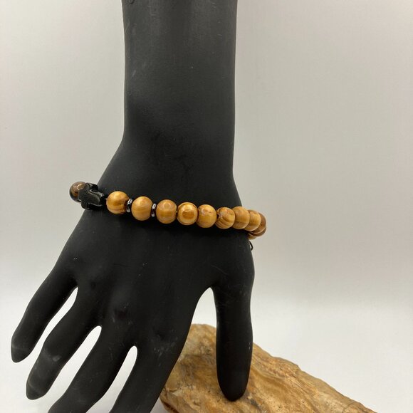 Tiger Eye and Wooden Beaded Bracelet with Stainless Steel Cross + Magnet clasp - Picture 6 of 10